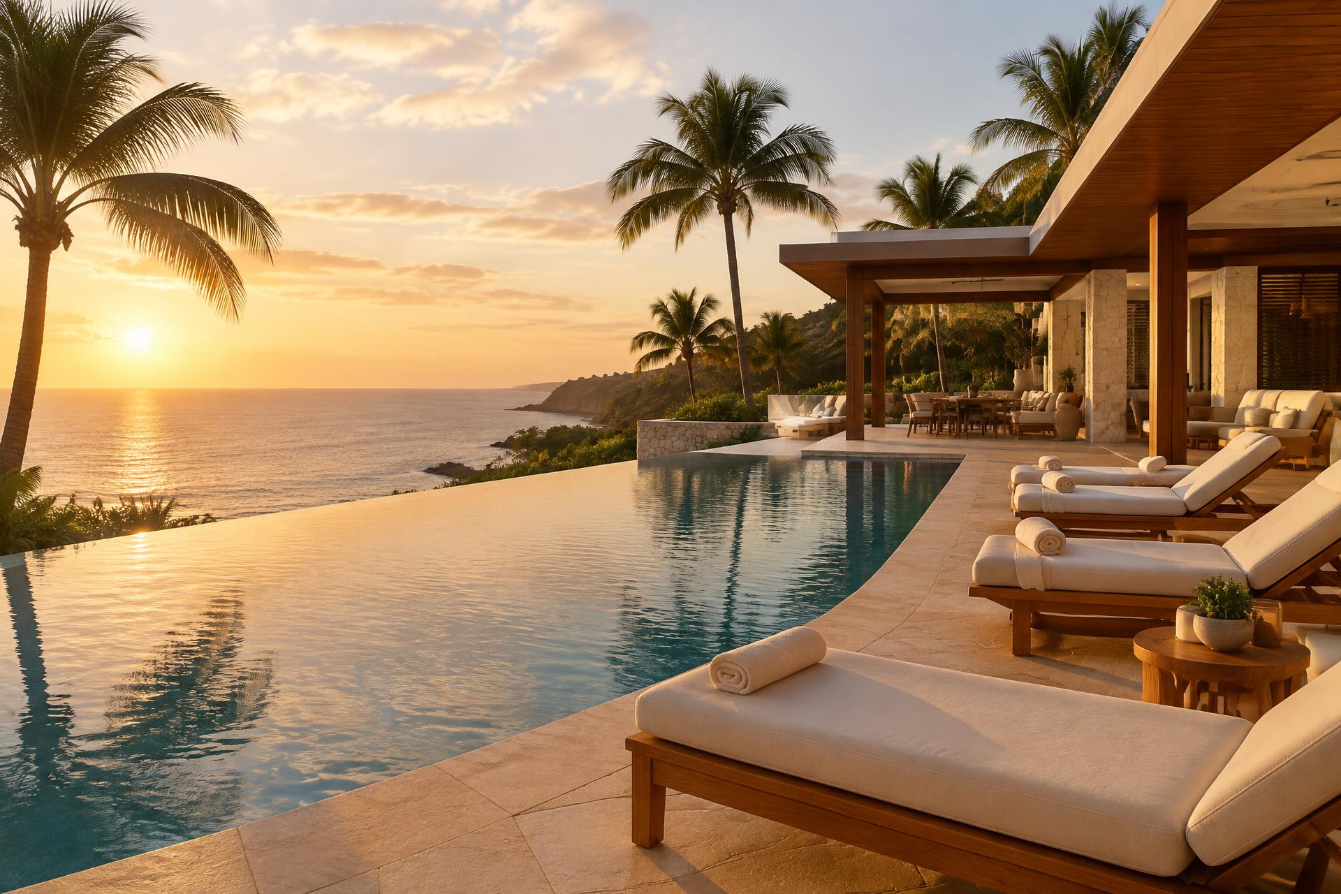 Luxury resort property at golden hour with an infinity pool overlooking the ocean, palm trees and elegant architecture, the kind of property travel agents inspect onsite